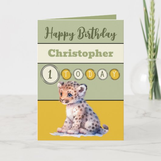 1e verjaardag naam toevoegen jongen schattig dier  kaart (Voorkant)