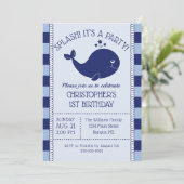 1e verjaardag Nautical Blue Whale Blue Navy Stripe Kaart (Staand voorkant)