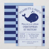 1e verjaardag Nautical Blue Whale Blue Navy Stripe Kaart (Voorkant / Achterkant)