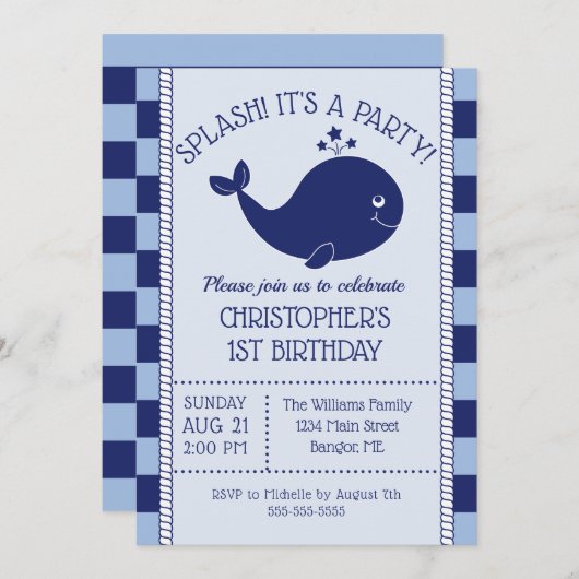 1e verjaardag Nautical Blue Whale Blue Navy Stripe Kaart (Voorkant / Achterkant)