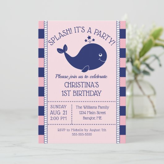 1e verjaardag nautische blauwe vinvis roze blauwe  kaart (Staand voorkant)