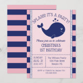 1e verjaardag nautische blauwe vinvis roze blauwe  kaart (Voorkant / Achterkant)