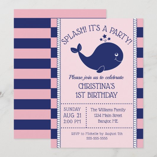 1e verjaardag nautische blauwe vinvis roze blauwe  kaart (Voorkant / Achterkant)