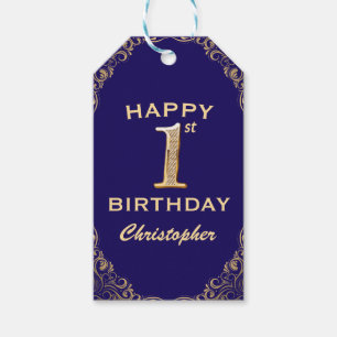 1e verjaardag Navy Blue en Gold Glitter Cadeaulabel