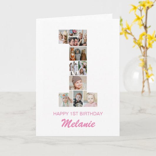 1e verjaardag nummer 1 fotocollage gepersonaliseer kaart (Gele Bloem)