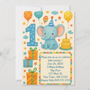 1e verjaardag olifant, ballonnen, taart en Cadeaus Kaart