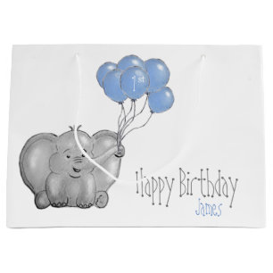 1e verjaardag olifant met blauwe ballon groot cadeauzakje