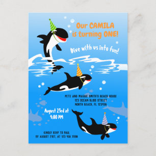 1e verjaardag onder de zee orka walvis baby meisje uitnodiging briefkaart