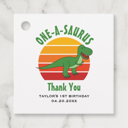 1e verjaardag One-A-Saurus dinosaurus geslachtsneu Bedankjes Labels (Voorkant)