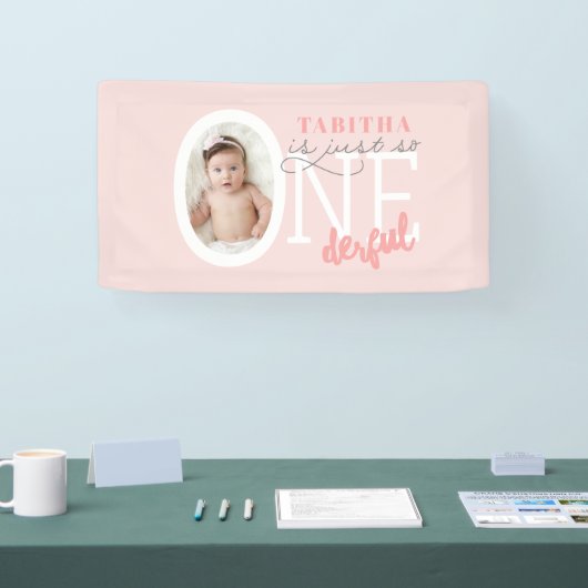 1e verjaardag ONEderful roze girly modern elegant Spandoek (Beurs)