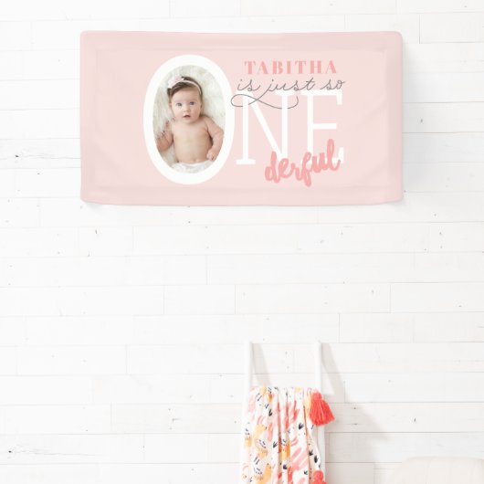 1e verjaardag ONEderful roze girly modern elegant Spandoek (Insitu)