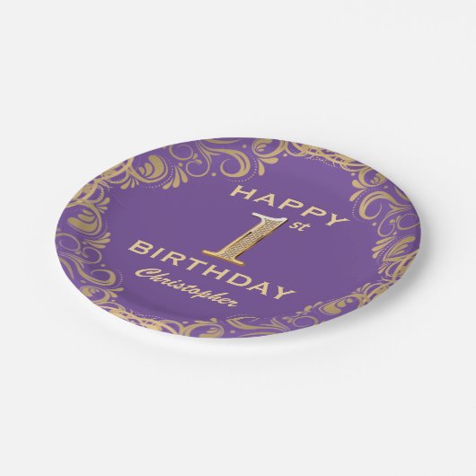 1e verjaardag Paars en goudglitter Lijst Papieren Bordje (Gekanteld)