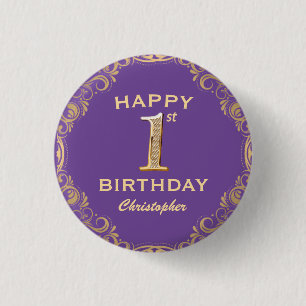 1e verjaardag Paars en goudglitter Lijst Ronde Button 3,2 Cm