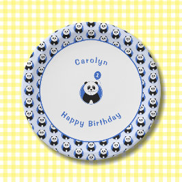 1e verjaardag panda blauw patroon papieren bordje