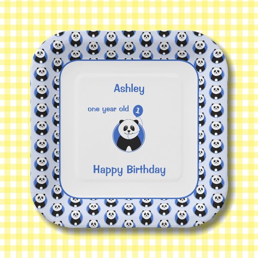 1e verjaardag panda blauwe ballon papieren bordje