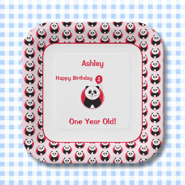1e verjaardag panda rode ballon papieren bordje