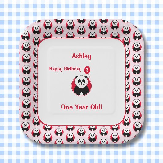 1e verjaardag panda rode ballon papieren bordje