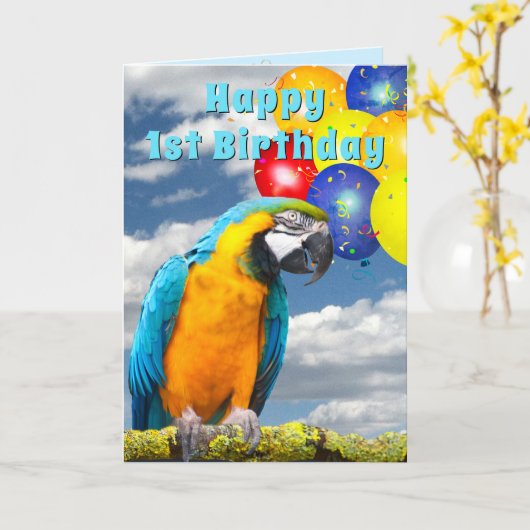 1e verjaardag Parrot Colorful Balloons Card Kaart (Gele Bloem)