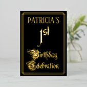 1e verjaardag Partij - Fancy Manuscript & de Naam Folie Uitnodiging (Staand Voorkant)