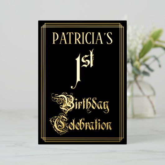 1e verjaardag Partij - Fancy Manuscript & de Naam Folie Uitnodiging (Staand Voorkant)