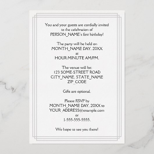 1e verjaardag Partij - Fancy Manuscript & de Naam Folie Uitnodiging (Achterkant)