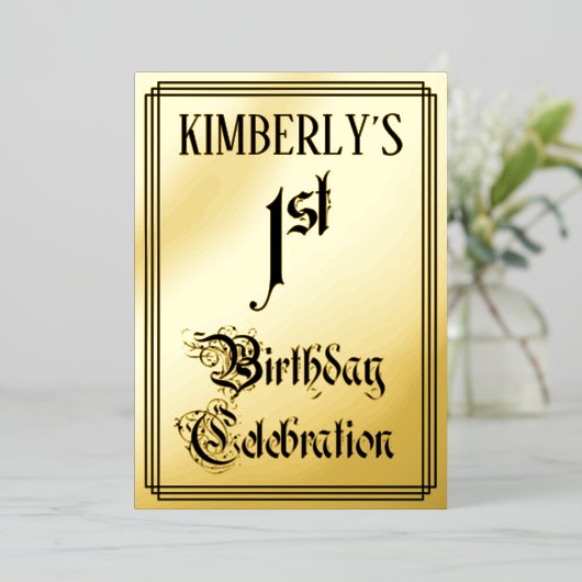 1e verjaardag Partij - Legant Manuscript + de Naam Folie Uitnodiging (Staand Voorkant)