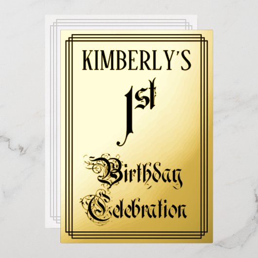 1e verjaardag Partij - Legant Manuscript + de Naam Folie Uitnodiging (Voorkant / Achterkant)