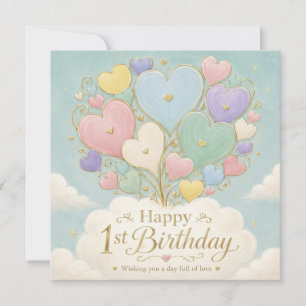 1e verjaardag Pastel Hart Ballonnen Boeket Kaart