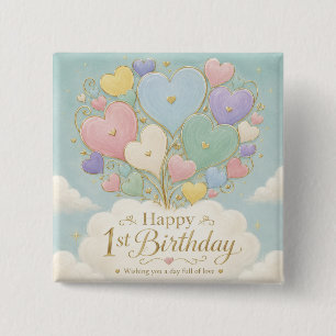 1e verjaardag Pastel Hart Ballonnen Boeket Vierkante Button 5,1 Cm