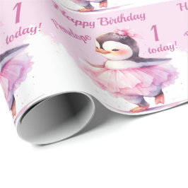 1e verjaardag Penguin Ballerina Pink Cadeaupapier