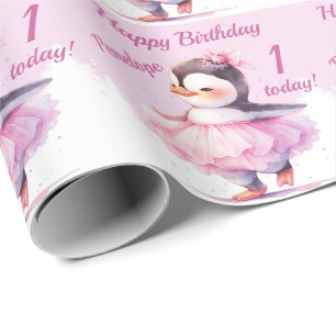 1e verjaardag Penguin Ballerina Pink Cadeaupapier