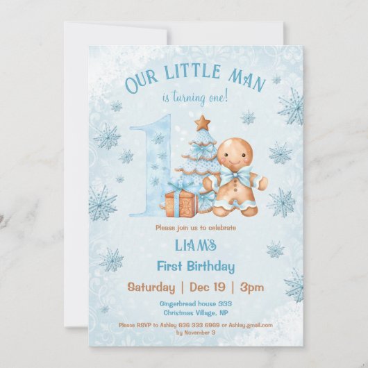 1e verjaardag peperkoek man jongen blauwe kerst kaart (Voorkant)