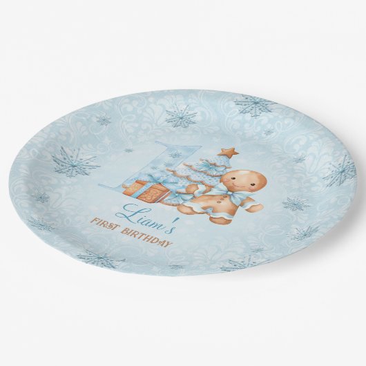1e verjaardag peperkoek man jongen blauwe kerst papieren bordje (Gekanteld)