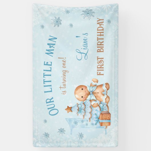 1e verjaardag peperkoek man jongen blauwe kerst spandoek (Verticaal)