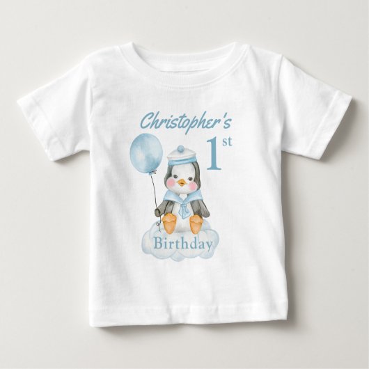 1e Verjaardag Pinguïn Blauw Personaliseer Baby T-s (Voorkant)