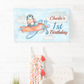 1e verjaardag Pinguïn Vliegtuig Blauwe Banner (Insitu)
