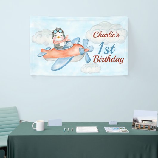 1e verjaardag Pinguïn Vliegtuig Blauwe Banner (Beurs)