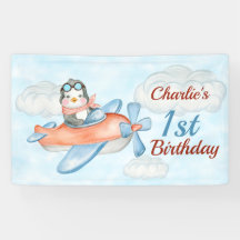 1e verjaardag Pinguïn Vliegtuig Blauwe Banner