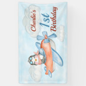 1e verjaardag Pinguïn Vliegtuig Blauwe Banner (Verticaal)