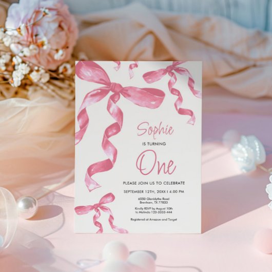 1e verjaardag Pink Bow Uitnodiging