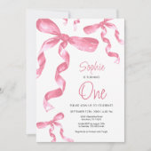 1e verjaardag Pink Bow Uitnodiging (Voorkant)
