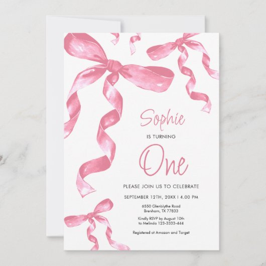 1e verjaardag Pink Bow Uitnodiging (Voorkant)