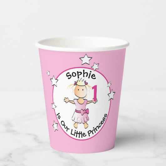 1e Verjaardag PInk Princess Cartoon Schattigee Par Papieren Bekers (Voorkant)