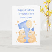 1e Verjaardag Polka Dot Teddies Twin Boys Kaart (Gele Bloem)