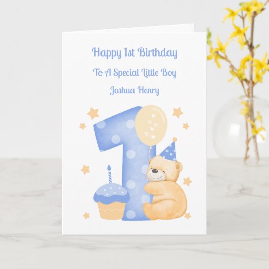 1e Verjaardag Polka Dot Teddy Verjaardag Jongen Ka Kaart (Gele Bloem)