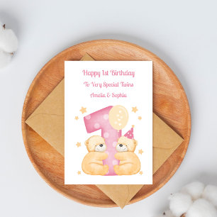 1e verjaardag polka dot teddyberen tweeling meisje kaart
