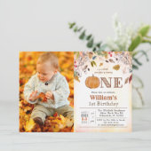 1e verjaardag pompoen rustieke bladeren uitnodigin kaart (Staand voorkant)