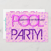 1e verjaardag poolpartij roze en Paarse bubbels Kaart (Voorkant / Achterkant)