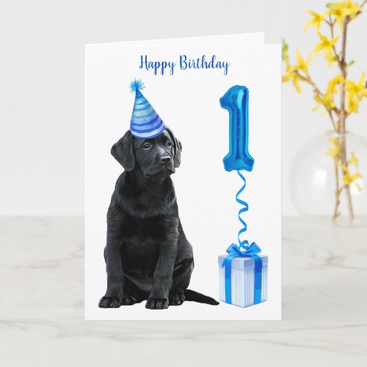 1e Verjaardag Puppy Theme- Schattige Dog Blue Boy  Kaart (Gele Bloem)
