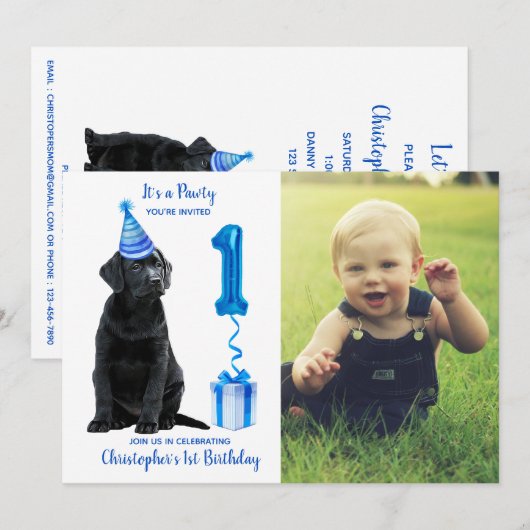 1e Verjaardag Puppy Theme- Schattige Dog Blue Boy  Kaart (Voorkant / Achterkant)